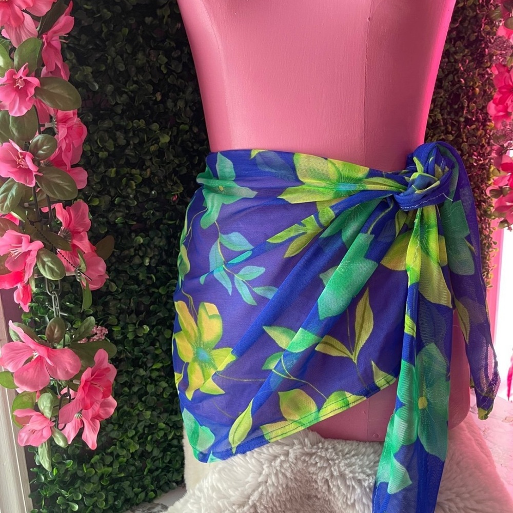 Vintage Blue and Green Floral Sarong Swim Cover-Up
